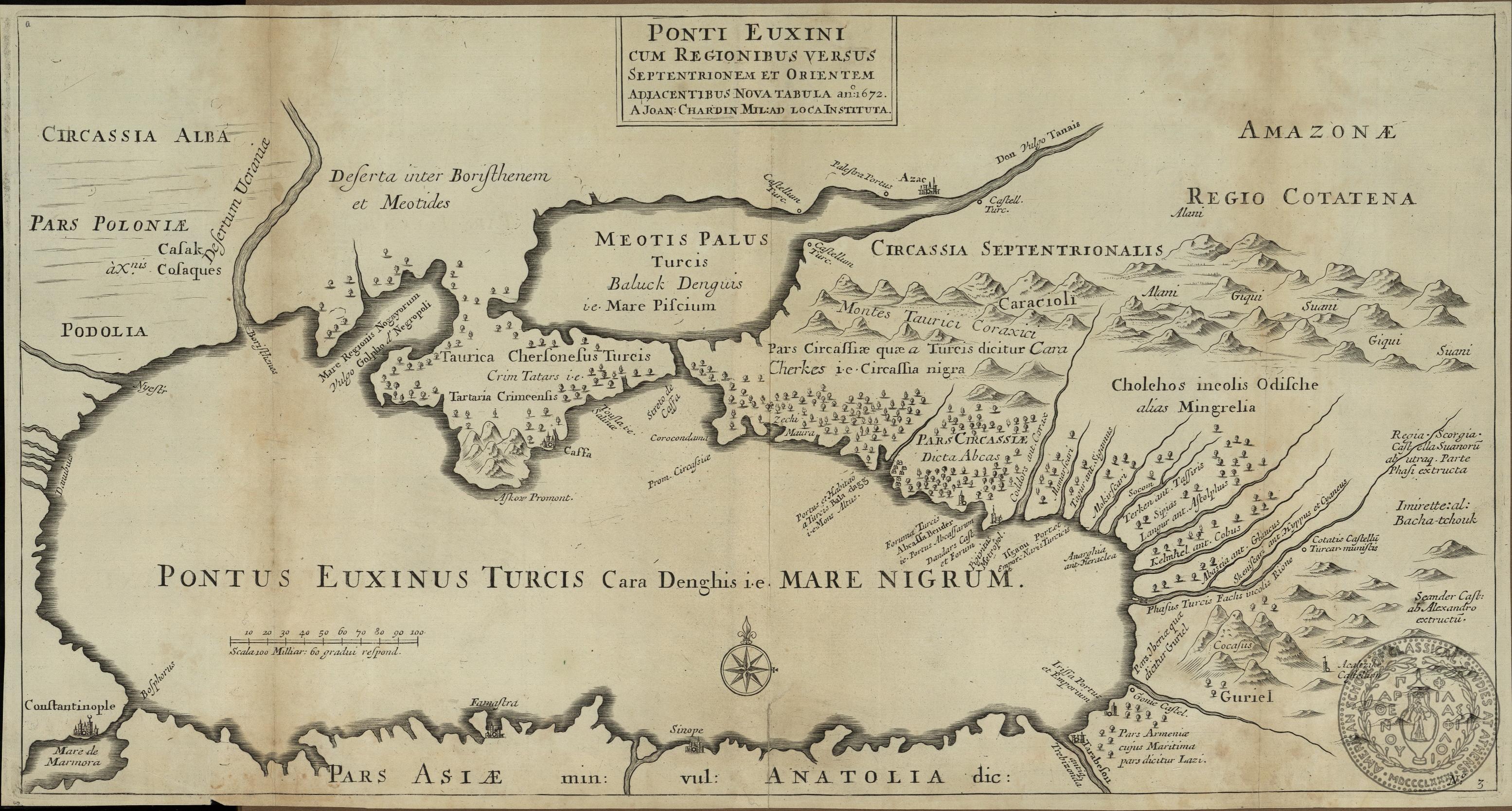 Ponti Euxini cum regionibus versus septentrionem et orientem adjacentibus Nova Tabula an:o 1672.